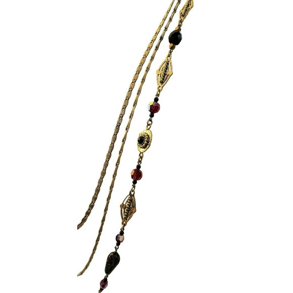 Vintage Miriam Haskell Possible Garnet Triple Layer Gold Tone Necklace, Signed - Picture 12 of 16